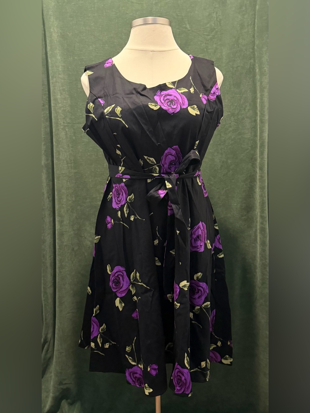 Sleeveless Black Dress with Purple Floral Print